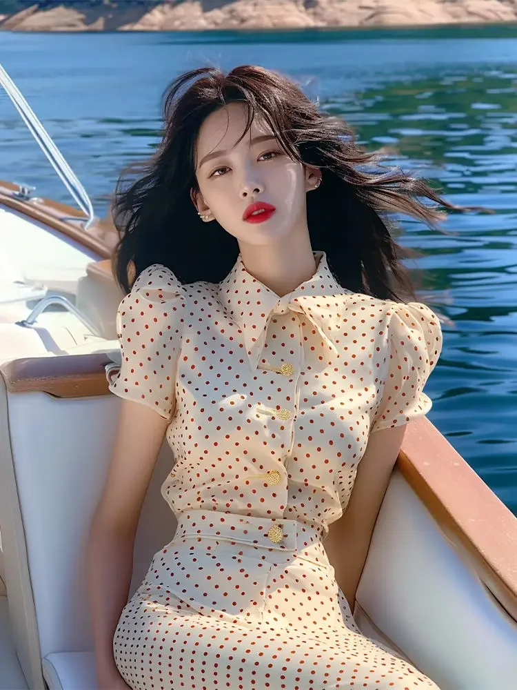 

New Summer High-end Advanced Elegant Style Temperature Pearl White Polka Dot Element Top and Skirt 2 Piece Sets Womens Outfits