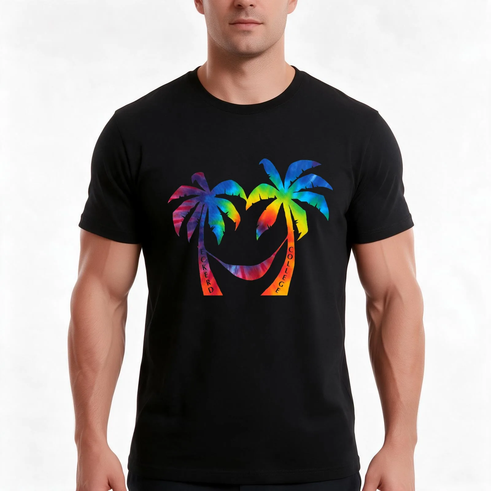 Eckerd College Rainbow Tie Dye Palms T-Shirt, Summer Casual Cotton Tee, Oversized Streetwear Tops, Vintage Graphic Print