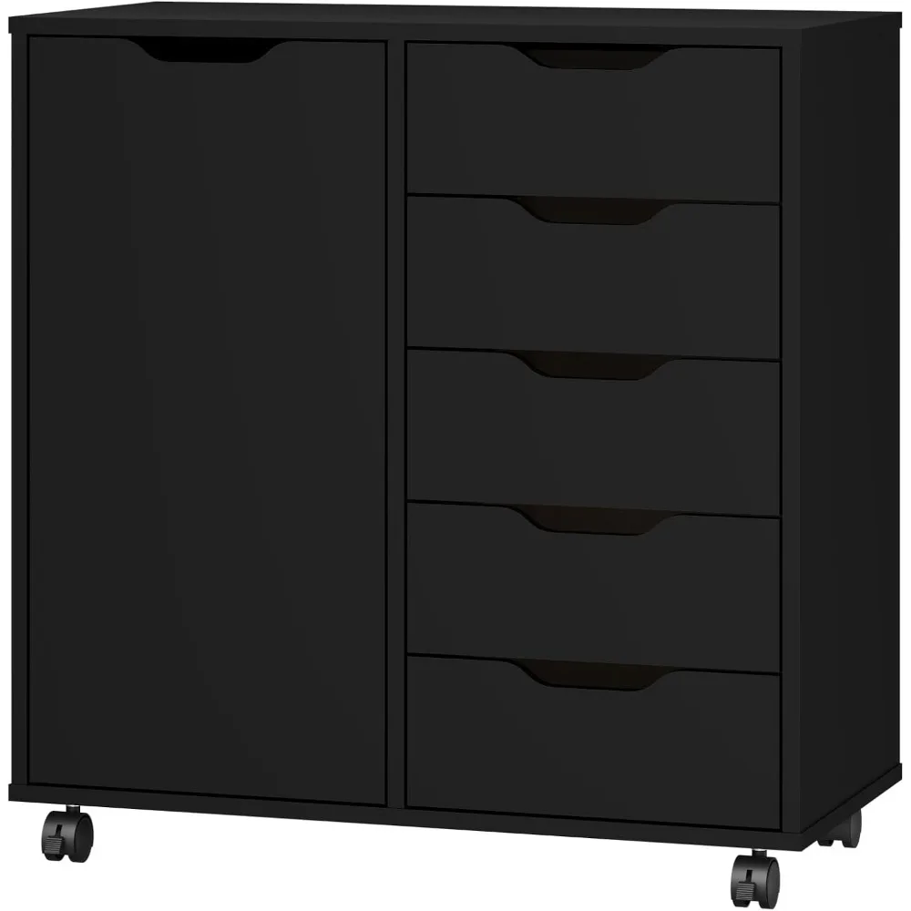 

5-Drawer Chest with 1 Door, Wooden Chest of Drawers Storage Dresser Cabinet with Wheels, Office Organization