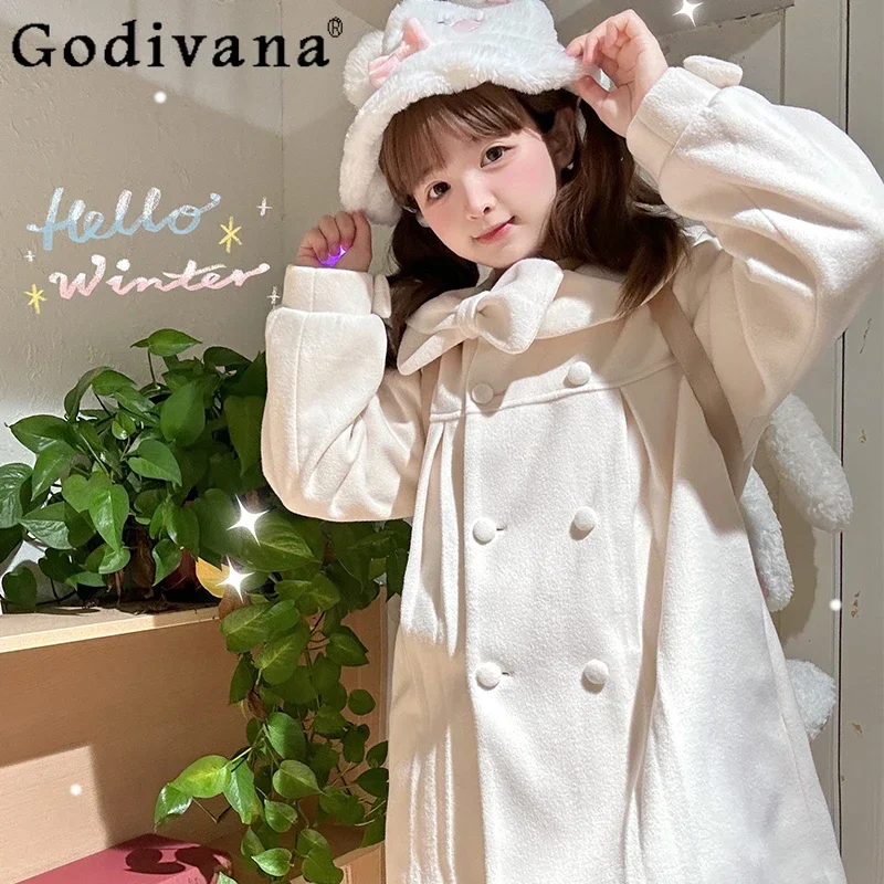 

Autumn and Winter White Overcoat Womens Cute Sweet Girls Doll Collar Bow Long Woolen Coat College Style Student Oolen Jackets