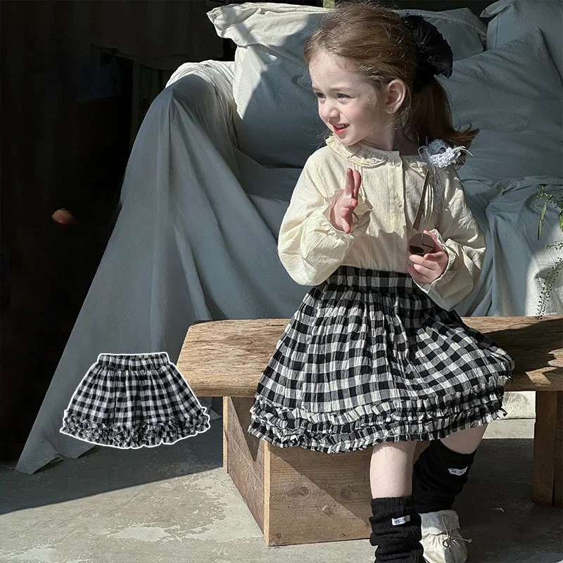 

2025 Kids New Spring Summer Pleated Skirt Plaid Fashion Korean Casual Simple Style Academic Atmosphere