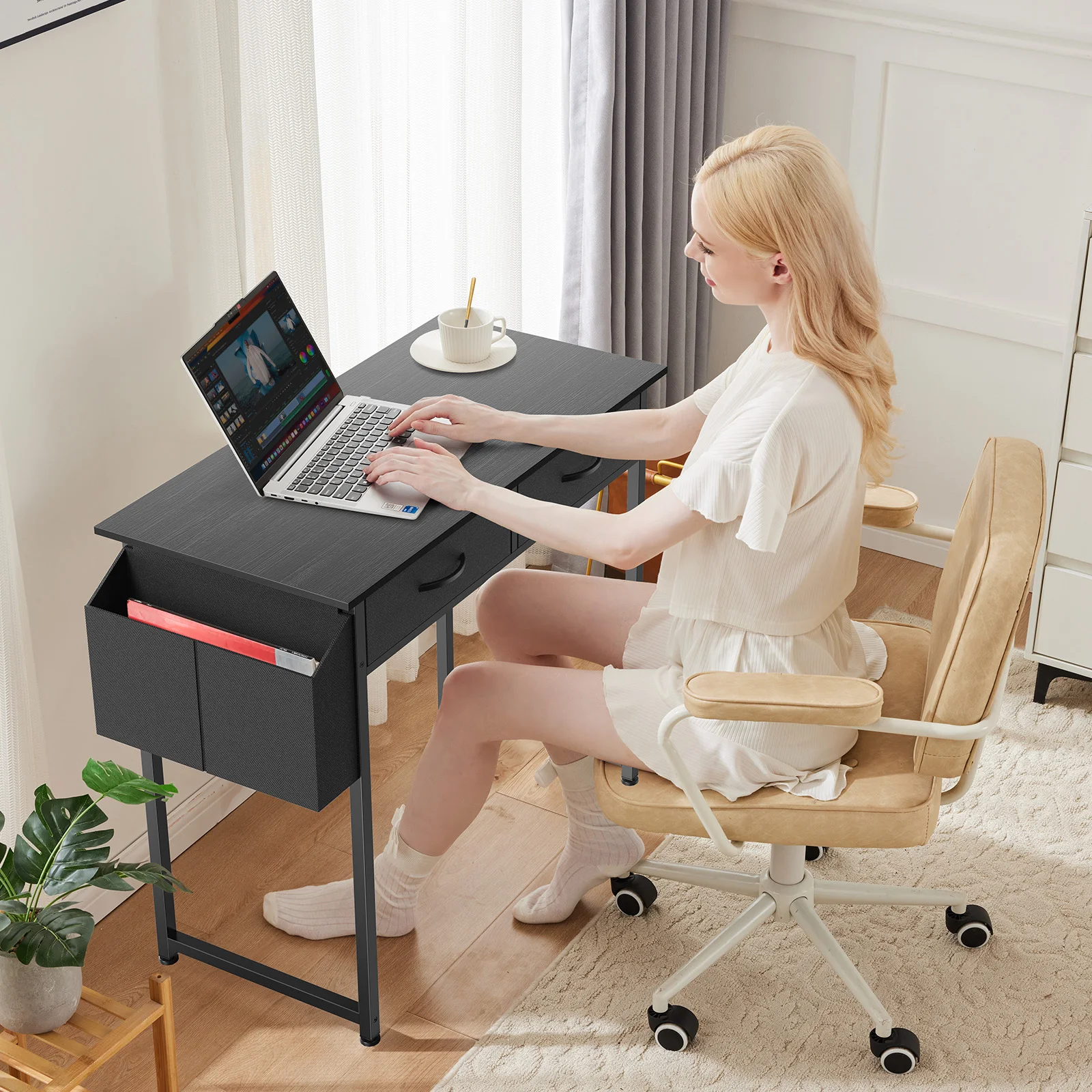 JHK 32 Inch Modern Office Computer Desk with Fabric Storage Drawers Space Side Bag Metal Frame