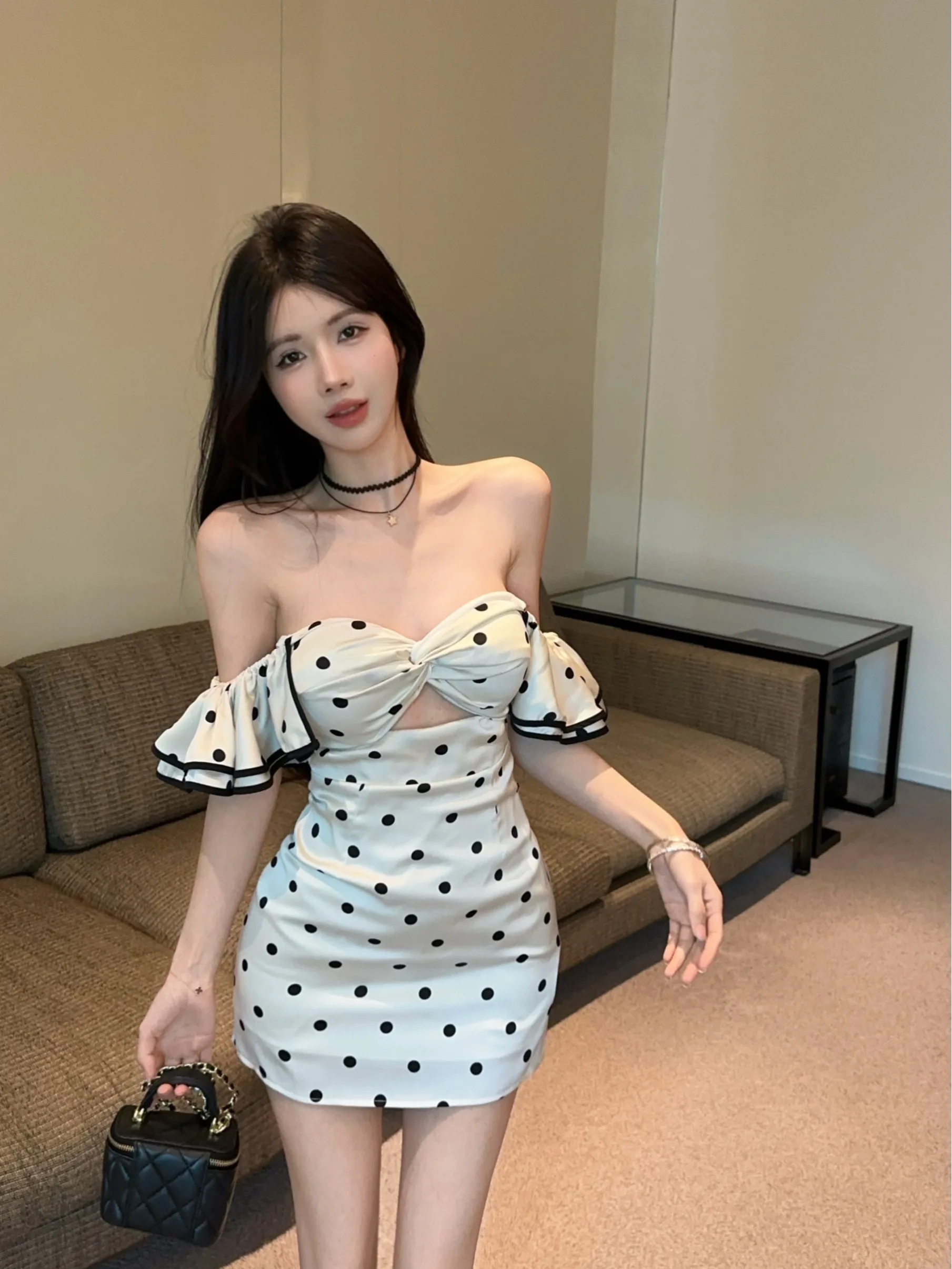 Top tuba w grochy z wiązaniem, spódnica z wycięciami, letnia nowość, moda damska, wysoki stan, krój A, ort Dr