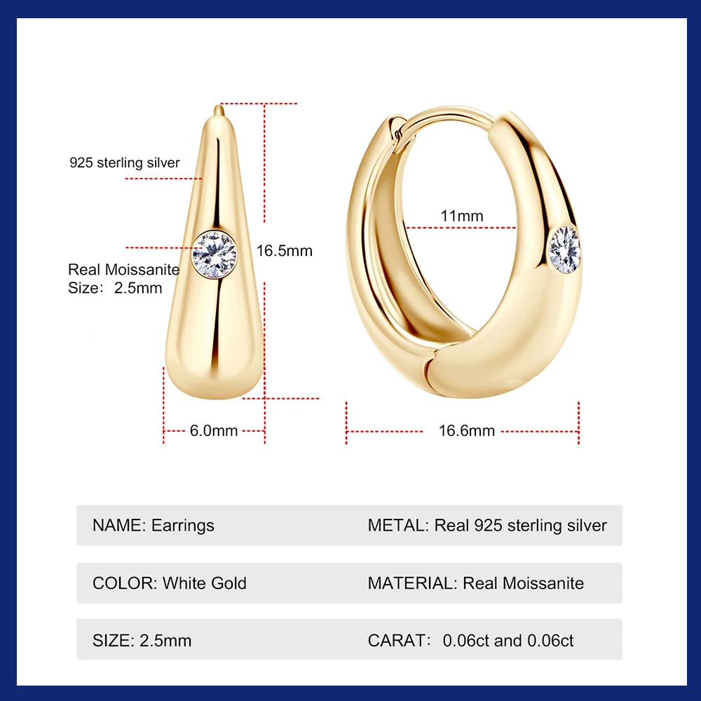 Moissanite Earrings for Women Girls 18K Gold Plated 925 Sterling Silver Waterdrop Hoop Earring Fashion Jewelry Ear Buckles 2024