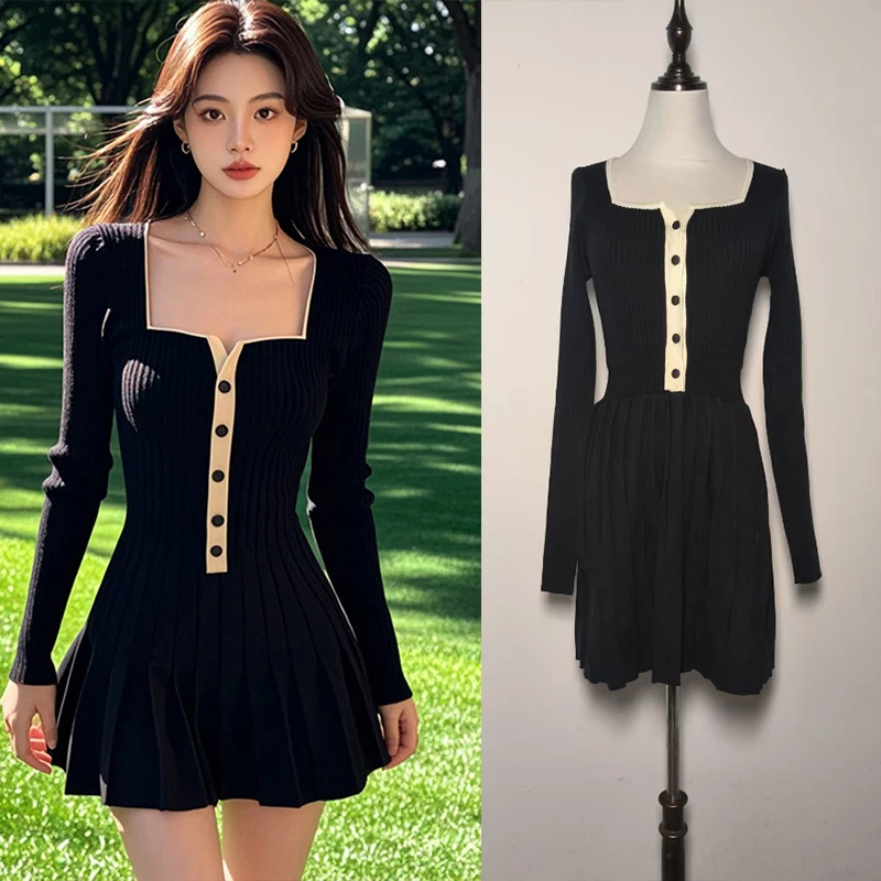 MiiiiX Retro Contrast Versatile Knitted Dress Waist Slim A-line Long-sleeved Square Collar Casual Dress Autumn Women's Clothes