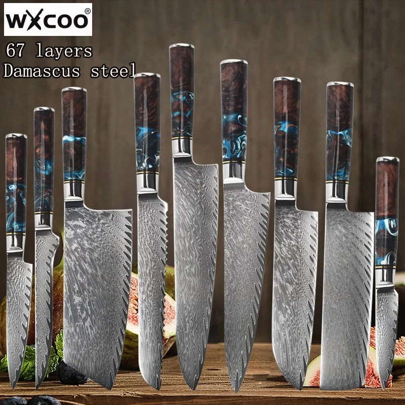 

Кухонные ножи из дамасской стали, ручка из смолы, кухонный нож в стиле вестерн VG10, стальной японский нож шеф-повара, нож Сантоку, нож для мяса