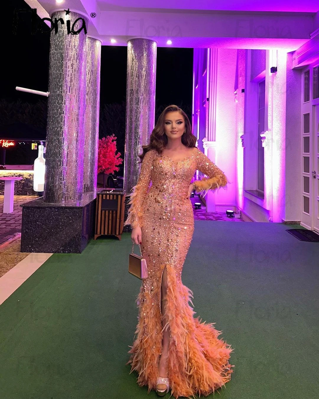 Long Sleeve Orange Feather Evening Dress Sparkly Sequins Formal Occasion Dresses Arabic Mermaid Sweep Train Robe de Mariée 2024