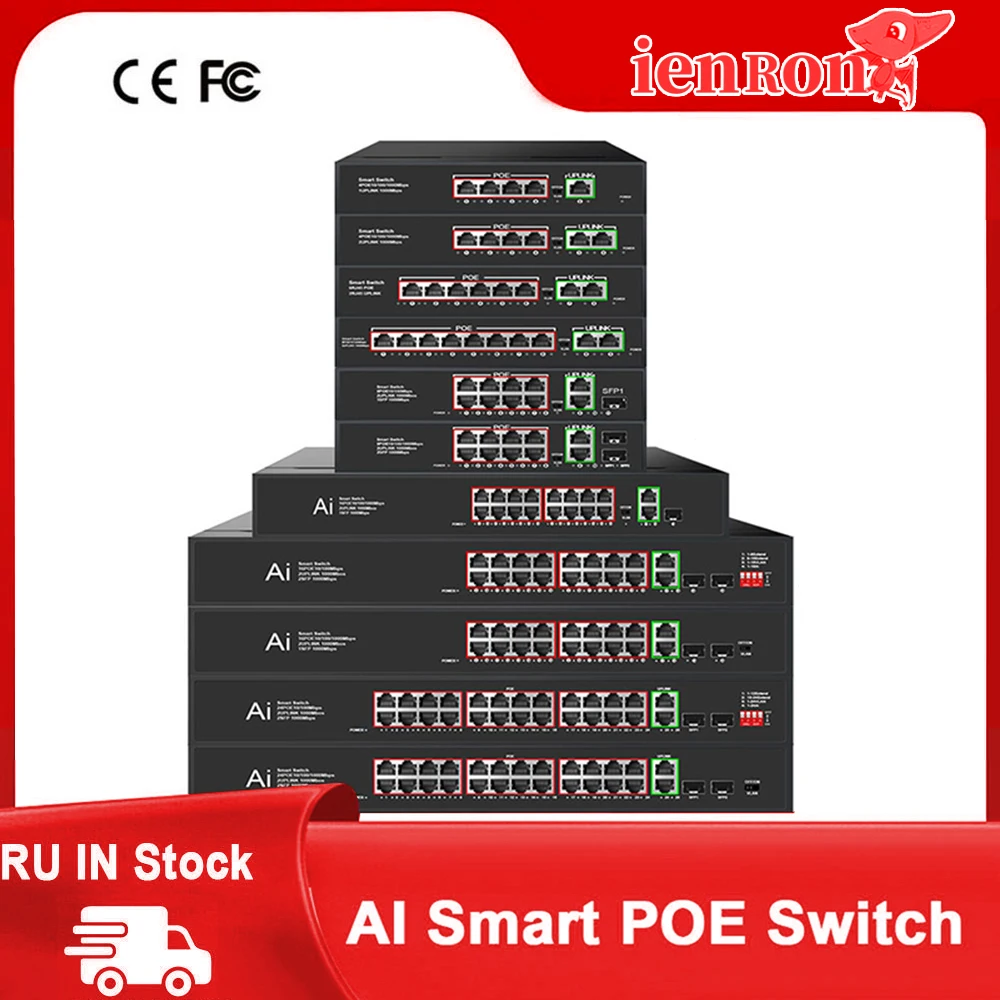 IENRON AI Smart POE Switch, Gigabit ou Rápido, 4, 6, 8, 10, 16, 24 Portas, 100Mbps, 1000Mbps, Ethernet 52V para Câmera IP, Roteador Wifi