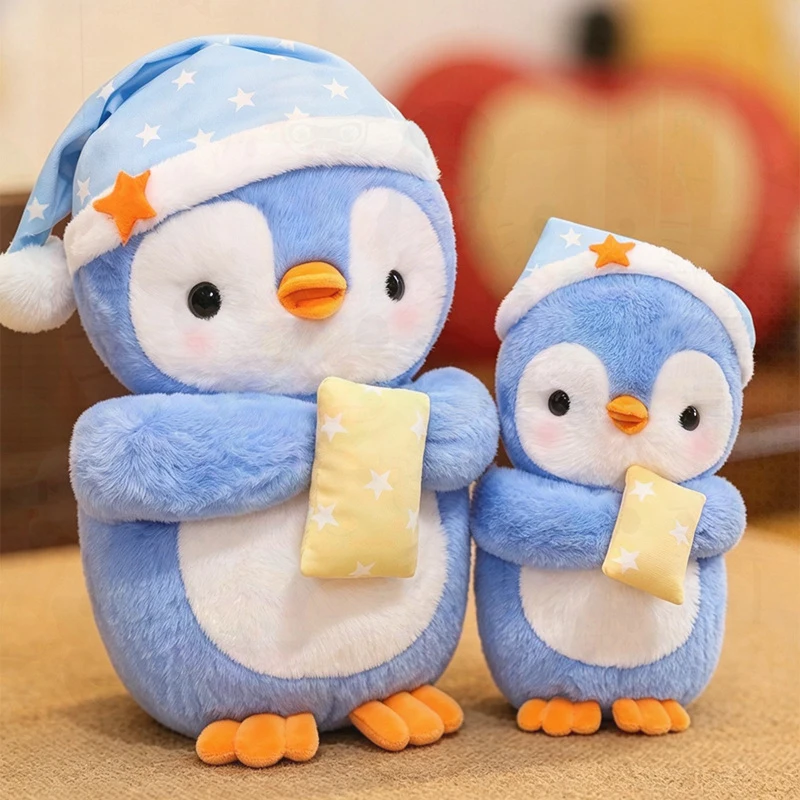 Cute Sleepy Penguin Plush Toy with Star Nightcap Soft Stuffed Animal Doll Holding Small Pillow Kawaii Home Decor Birthday Gift