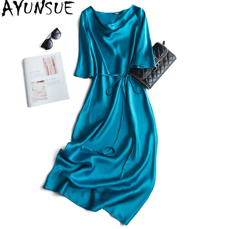 

AYUNSUE Real Silk Dress Woman High Quality Long Satin Dress 2021 Fashion Blue Elegant Party Dresses Vestidos De Verano KJ