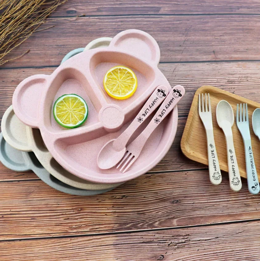 3Pcs/Set Baby Food Feeding Tableware Cartoon Bear Bowl+Spoon+Fork Eating Dinnerware for Children Dishes Kids Dinning Plate