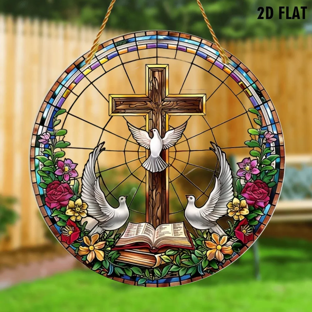 CIFbuy Colorful Acrylic Cross Doves Hanging Decor Stained Glass Effect Indoor Outdoor Wall Art Garden Ornament