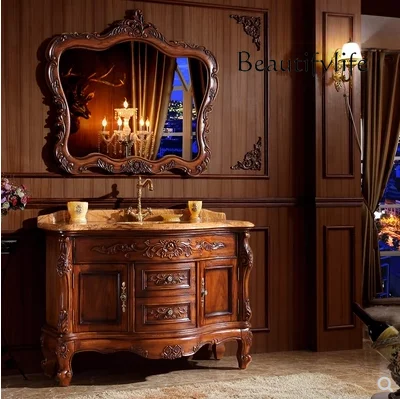 

European bathroom cabinet, red oak washbasin, basin cabinet combination, floor-to-ceiling solid wood washbasin cabinet,