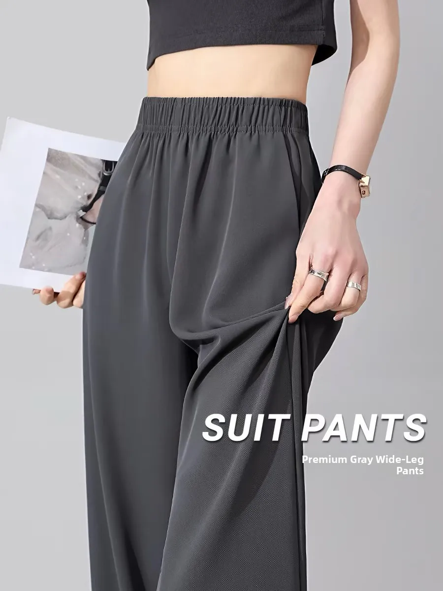 Gray Ice Silk High Waist Draped Suit Pants Women Summer Thin Straight Casual Cool Wide Leg Trousers Casual Style Polyester Fiber