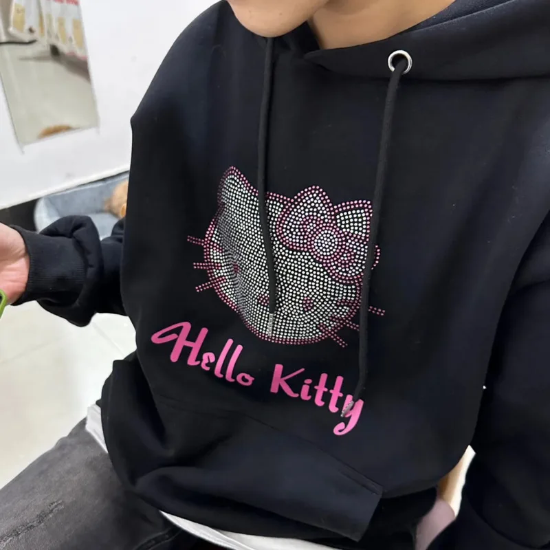 Sanrio Hello Kitty Sparkling Rhinestone Pattern Hooded Sweater Y2k Women Trend Cute Hoodies Loose Oversize Tops Autumn Clothes