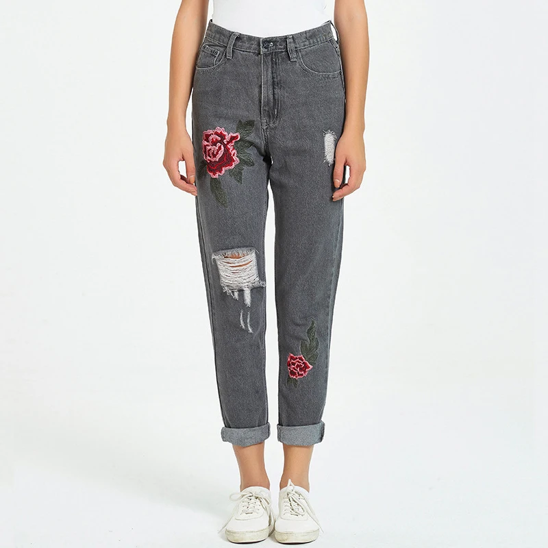 Trendy Ripped Jeans Women Casual Flower Embroidery Capri Pants Hole Destroyed Ladies Straight Denim Trousers Street Outfits