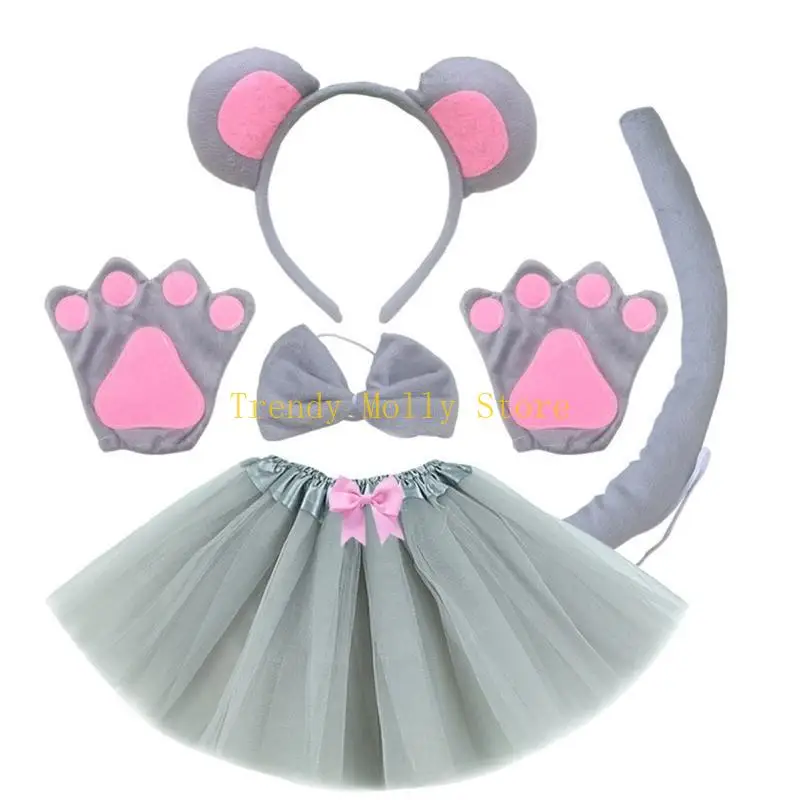 N5KB 1/3/4/5 Stuks Muis Kostuum voor Kinderen-Muis Oren Hoofdband Staart Bowtie staart Handschoenen Tutu Rok Dier Cosplay
