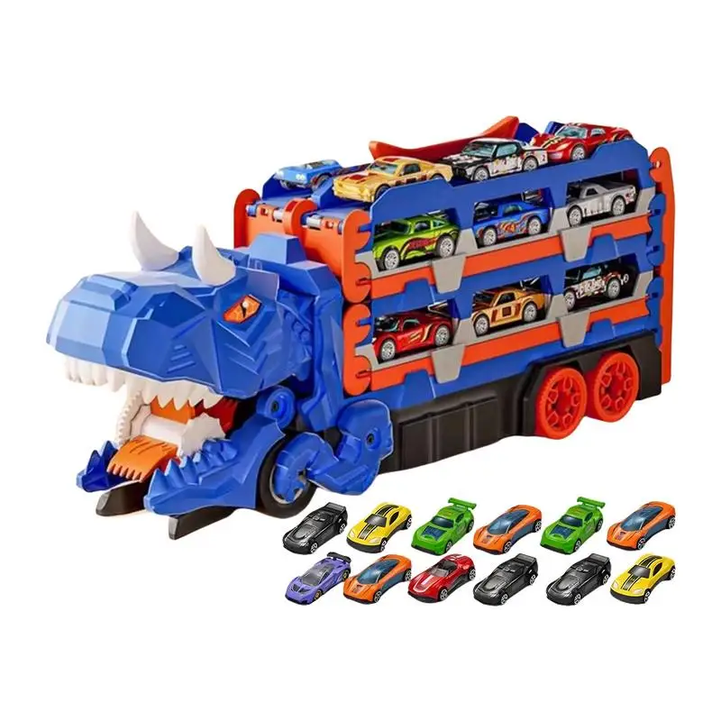 

New Dinosaur Transporter Truck Toy Foldable Track Alloy Transforming Dinosaur Transport with 18 Car Toy Gifts for Kids Boys