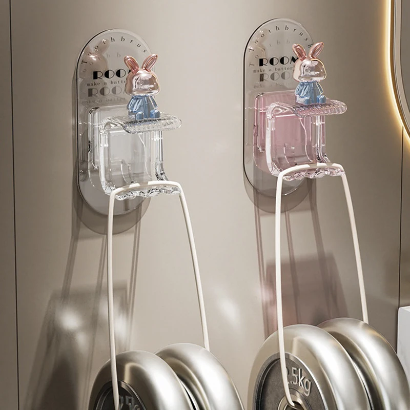 Cute Rabbit Toothbrush Rack Bathroom Wall-Mounted Electric Toothbrush Cup Punch-Free Mouthwash Cup Hanger