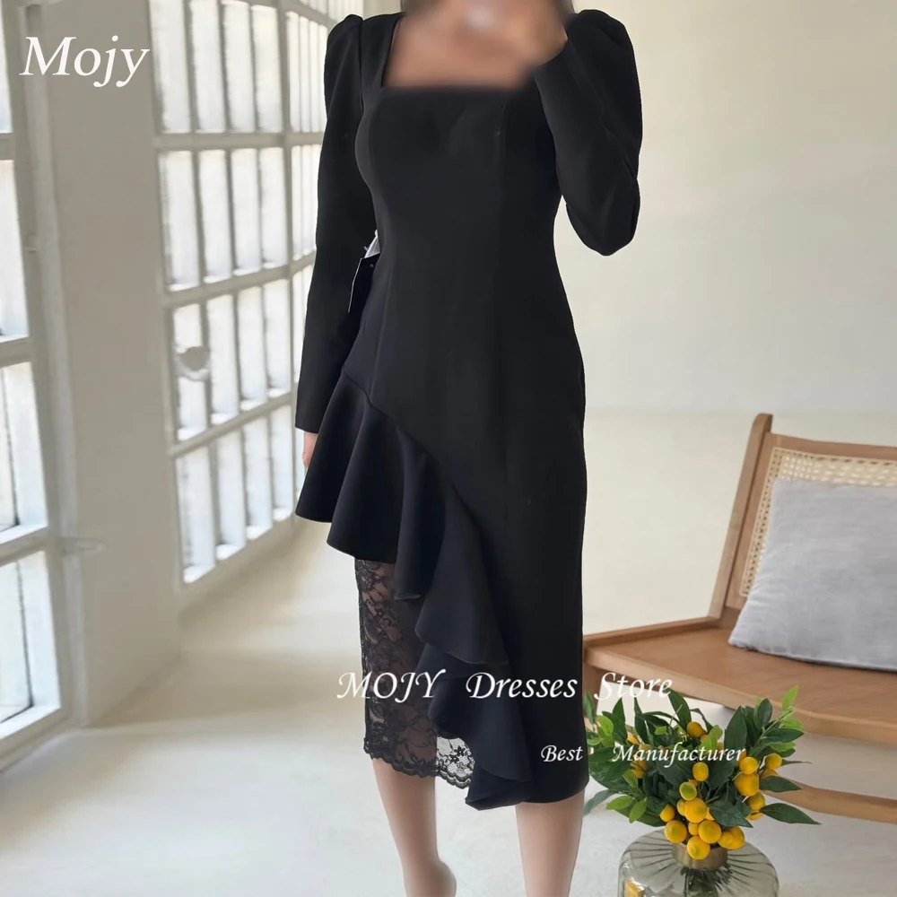 

Mojy Индивидуальные черные прямые платья для выпускного вечера длиной до чая с квадратным воротником и длинными рукавами, вечернее платье, простое модное кружевное вечернее платье