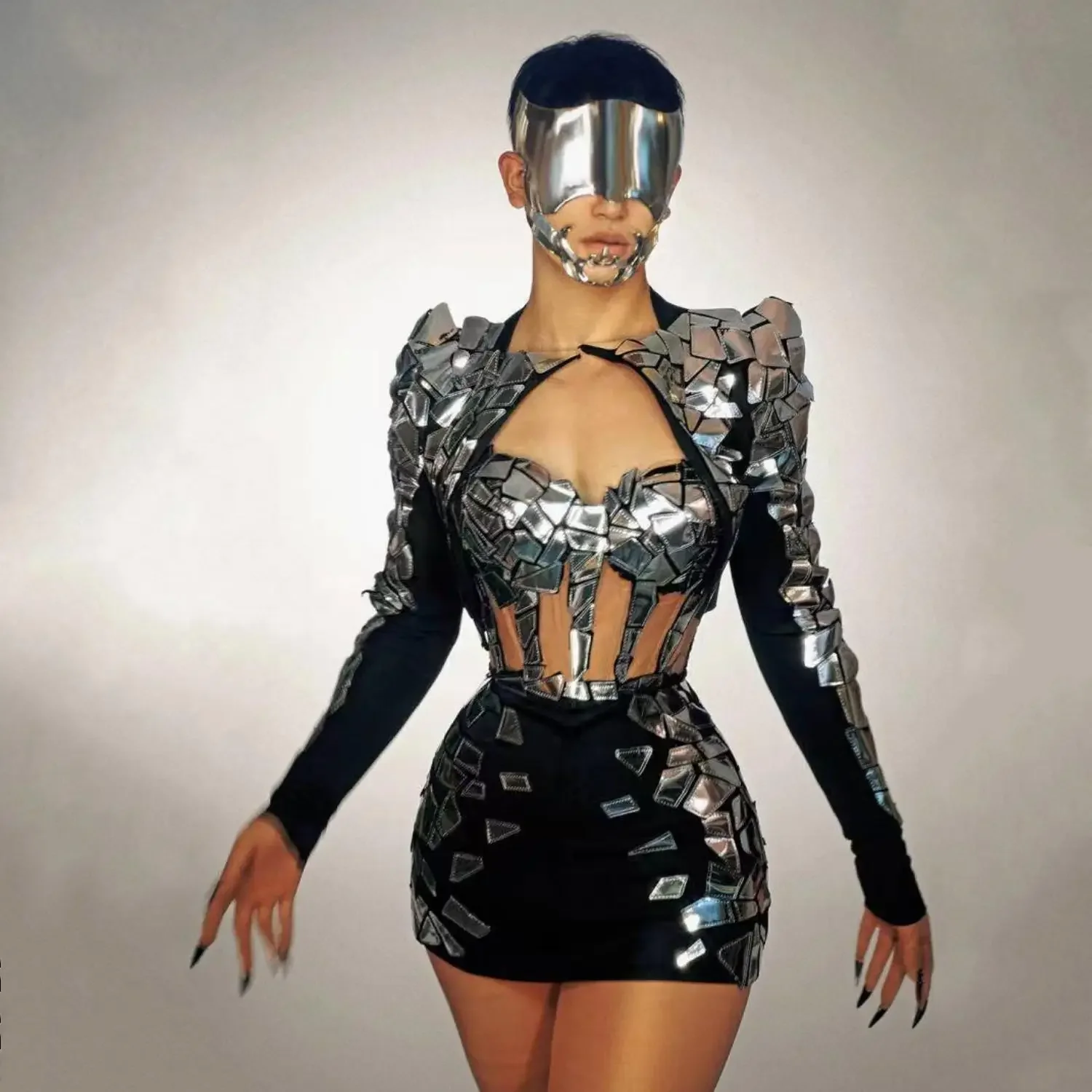 

Women Singer Sexy Celebrate Birthday Party Set Bar Dance Prom Clothes Fahion Silver Sequin Bra Skirt Jacket Outfit Set