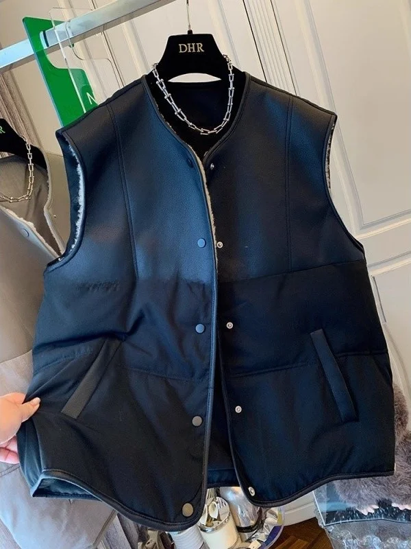 

Loose Fit Leather And Cotton Patchwork Svel Vest for Men And Women Original Design Spring Outerwear Casual Jaet