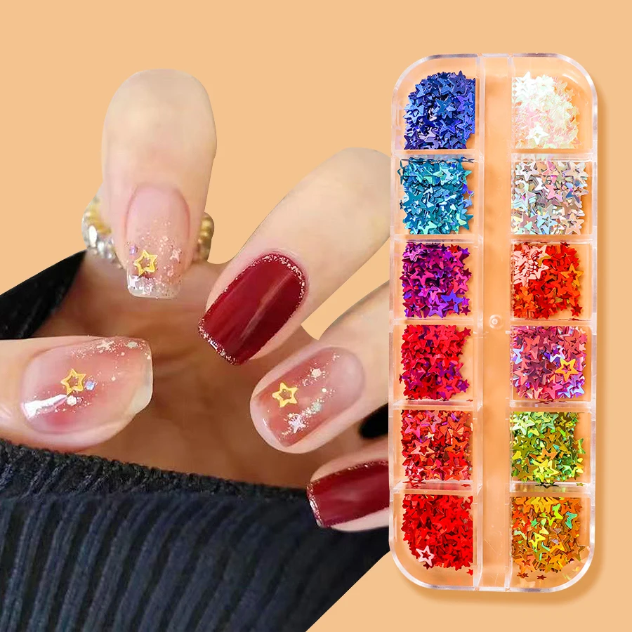 Explosive Flash Fashion Suitable for Nail Salon Acrylic Daily Use DIY Nail 12 Grid Laser Hollow Star Nail Glitter Decoration