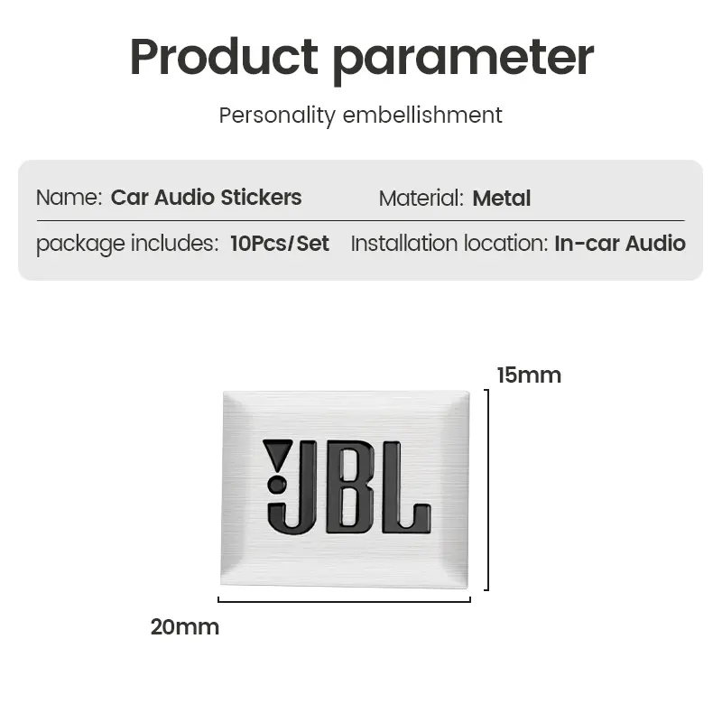 10 قطع ملصقات شعار JBL من الألمنيوم ثلاثية الأبعاد لمكبرات الصوت في السيارة، ملصقات شعار صوتي عالي الدقة، إكسسوارات شعار السيارة لسيارات بي إم دبليو وكيا - 4