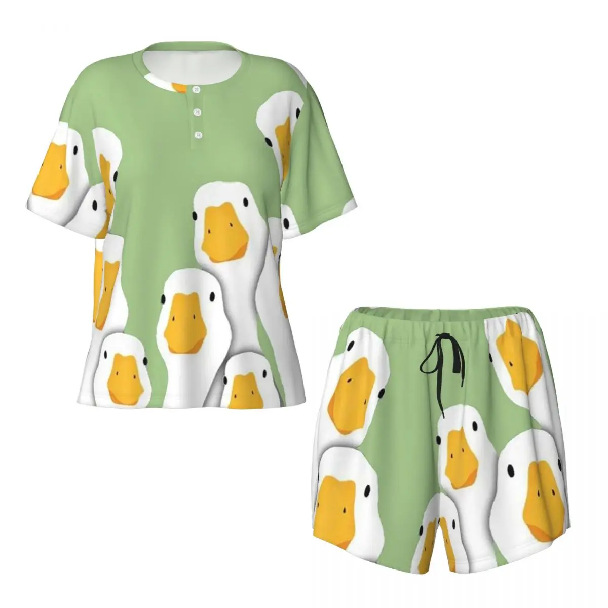Cartoon Popular Goose Animal Round Neck Short Sleeves Nightdress for Sleeping Sleepshirts Women Loose Pajama Set Short Pants