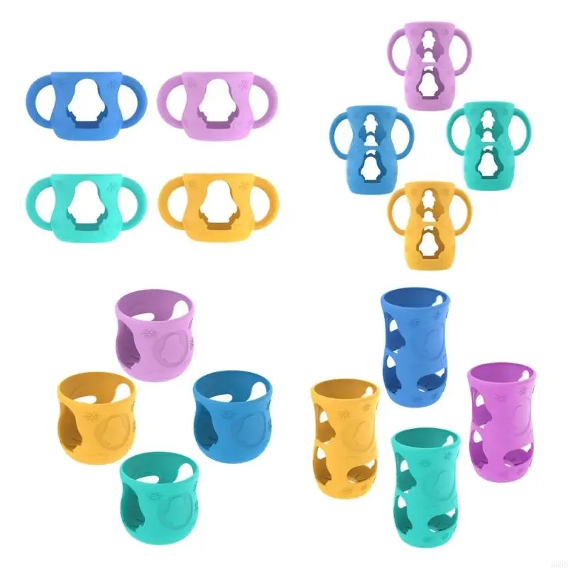 R66D 4pcs Silicone Cover Flexible Bottle Holder with Handles Shockproof Bottle Sleeve for Baby Bottles Drop Cover