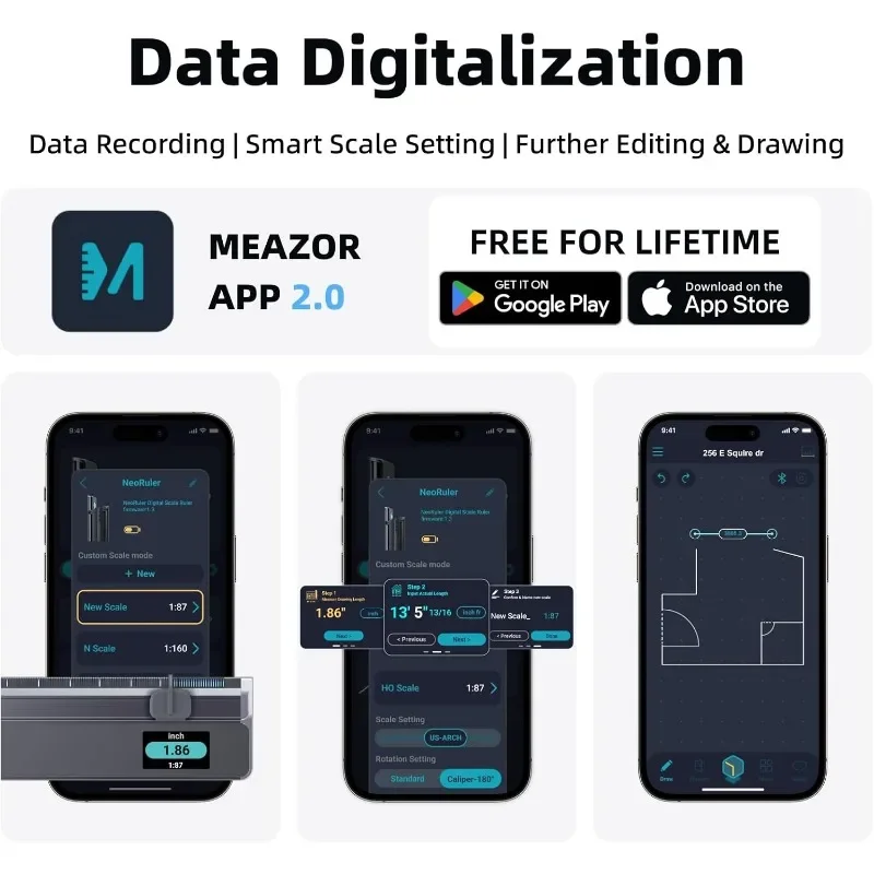 مسطرة المقياس الرقمي NeoRuler، مسطرة المقياس الذكية مقاس 12 بوصة مع موازين مخصصة لا نهائية ودقة ± 0.004 بوصة، 93 مدمجة