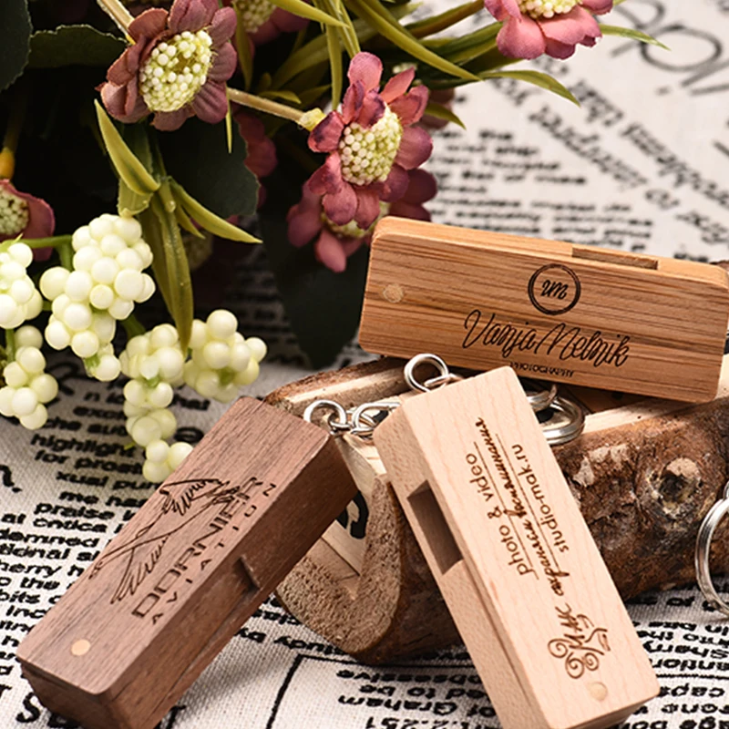 Деревянные вращающиеся USB-флеш-накопители 128 ГБ Высокоскоростная карта памяти 64 ГБ Бесплатный индивидуальный логотип Pen Drive 32 ГБ Studio DIY U Disk 16 ГБ