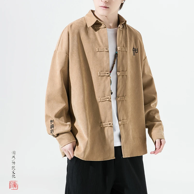

New Chinese Sle Long Sve irt Jaet Embroidered Text Button up Casual Faion Spring Autumn Youth Clothing