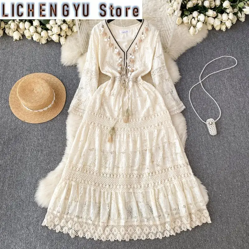 Sweet Style Women's Dress Mesh Hook Flower Patchwrok V-neck Tassel High Waist A-line Vestidos Winter Spring New