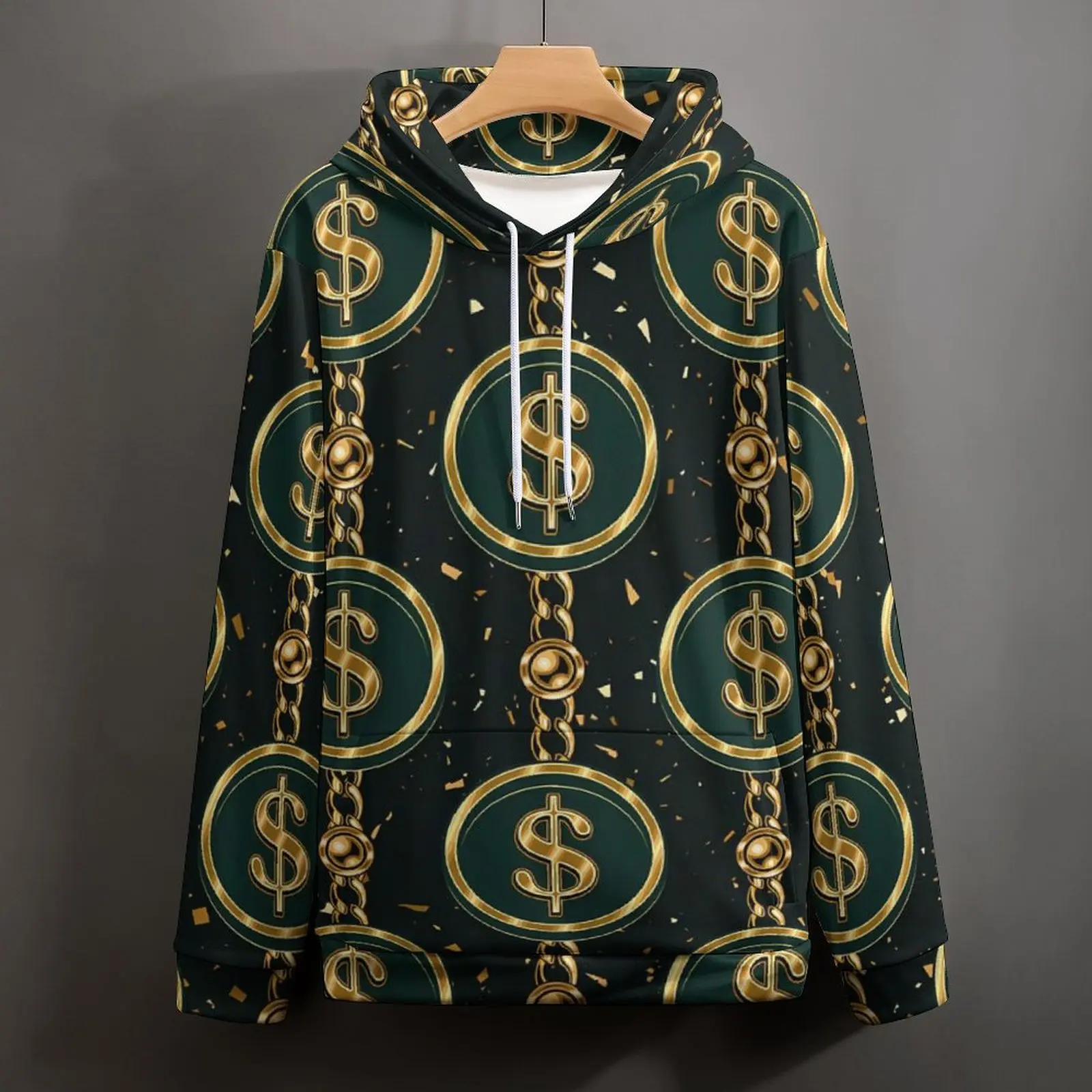 Correntes e miçangas hoodies ouro dólar streetwear oversized hoodie unisex manga longa design estético camisolas casuais