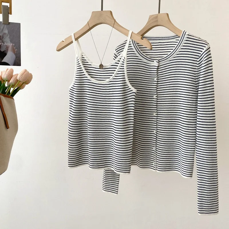 Dave&di Spring And Summer New Linen Fashion Two-piece Set Knitted Striped Cardigan+knitted Camisole Retro Slimming Effect