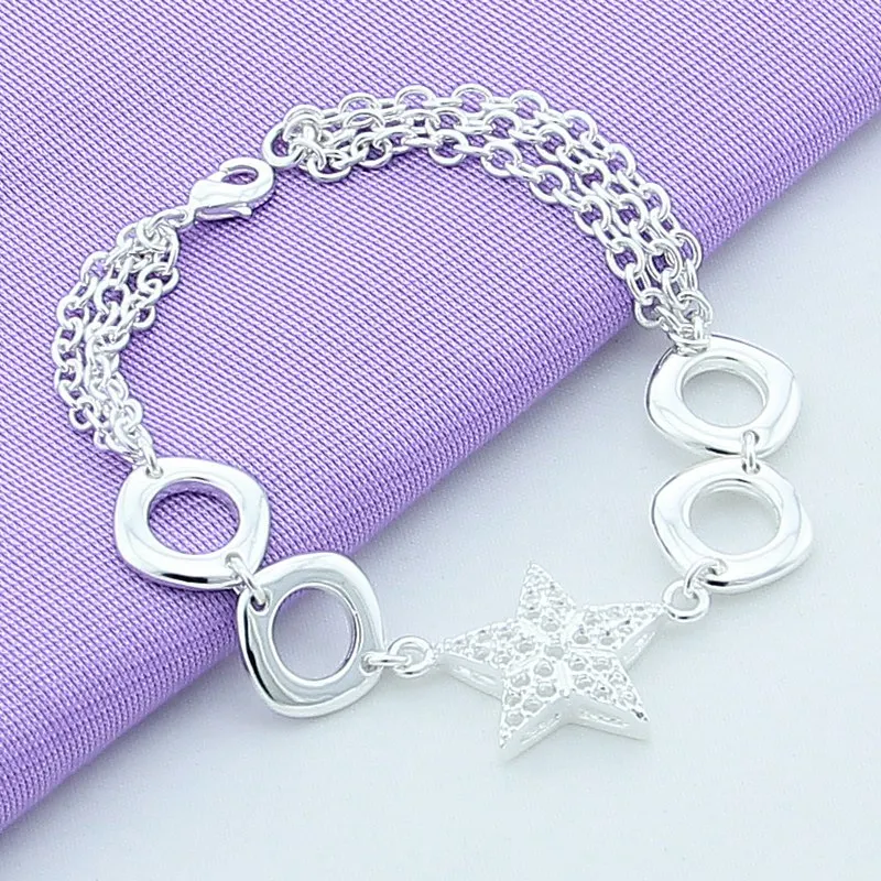 925 Sterling Silver Pentagram Square Multi Chain Bracelet For Women's Fashion Jewelry Parties Holiday Gifts