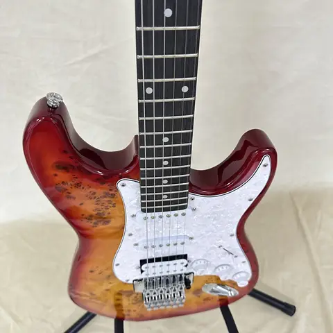 US Warehouse ST Style Electric Guitar Burl Maple Sunburst Top Double Locking Tremolo System SSH Pickups White Pearl Pickguard Solid Wood Guitar Free Shipping