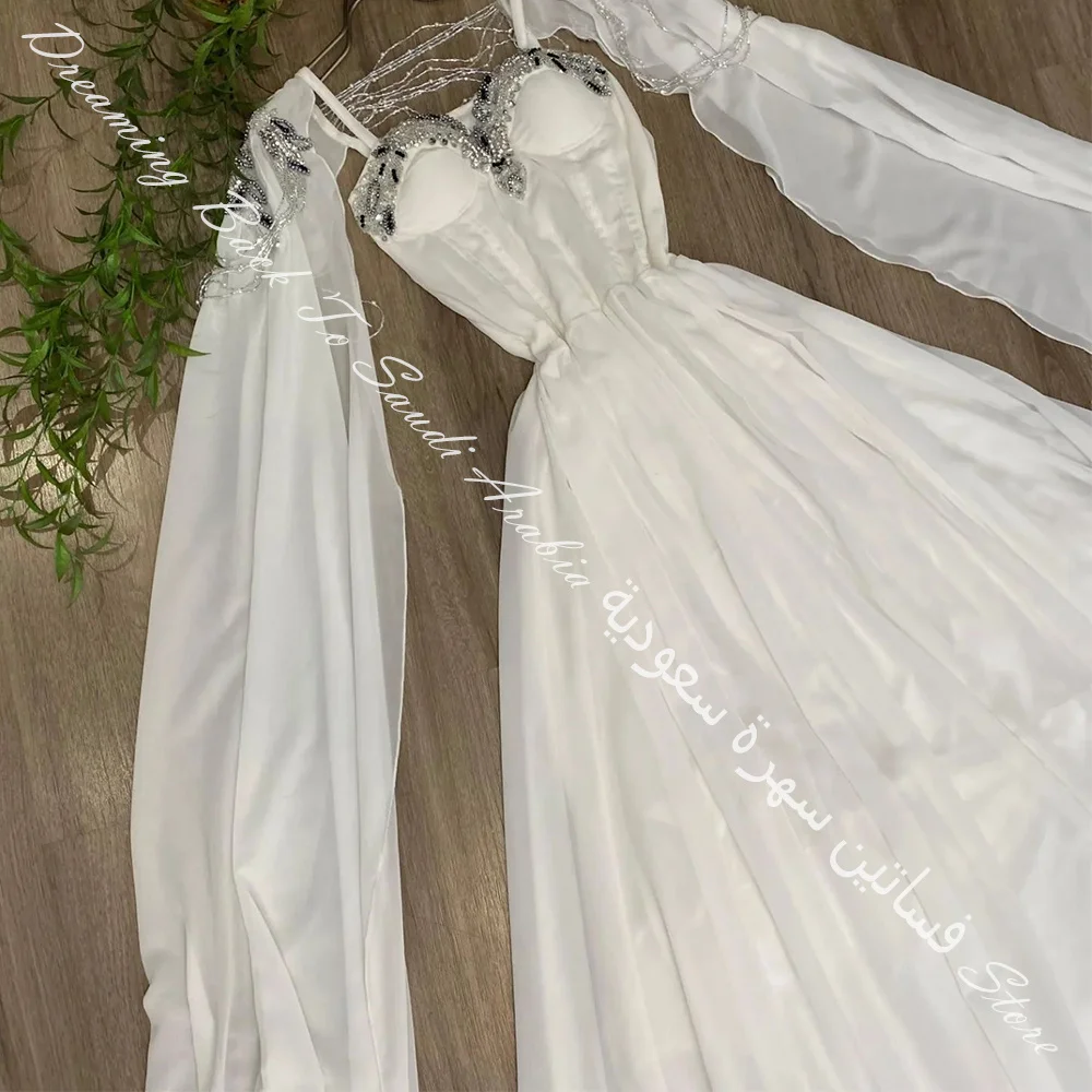 Exquisite Sweetheart Satin Full A-Line Pleats Crystal Beading Evening Dress Solid White Color Floor Length Saudi Arabia 2024