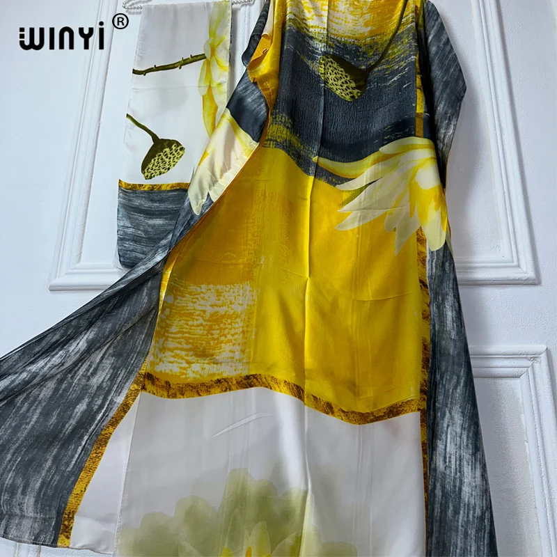 WINYI gaun panjang Maxi elegan wanita, gaun Kaftan motif leher kru abaya Afrika dubai