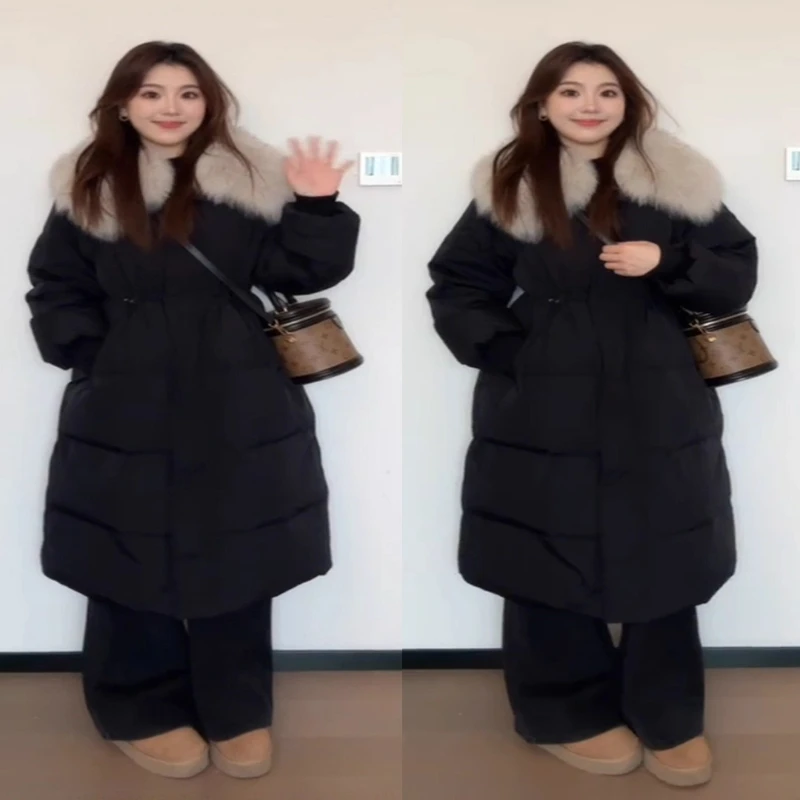 

Plus Size Women Winter Cotton Coat Thick Warm Fleece Lined Long Trench Jacket with Big Fur Hood Slim Waist