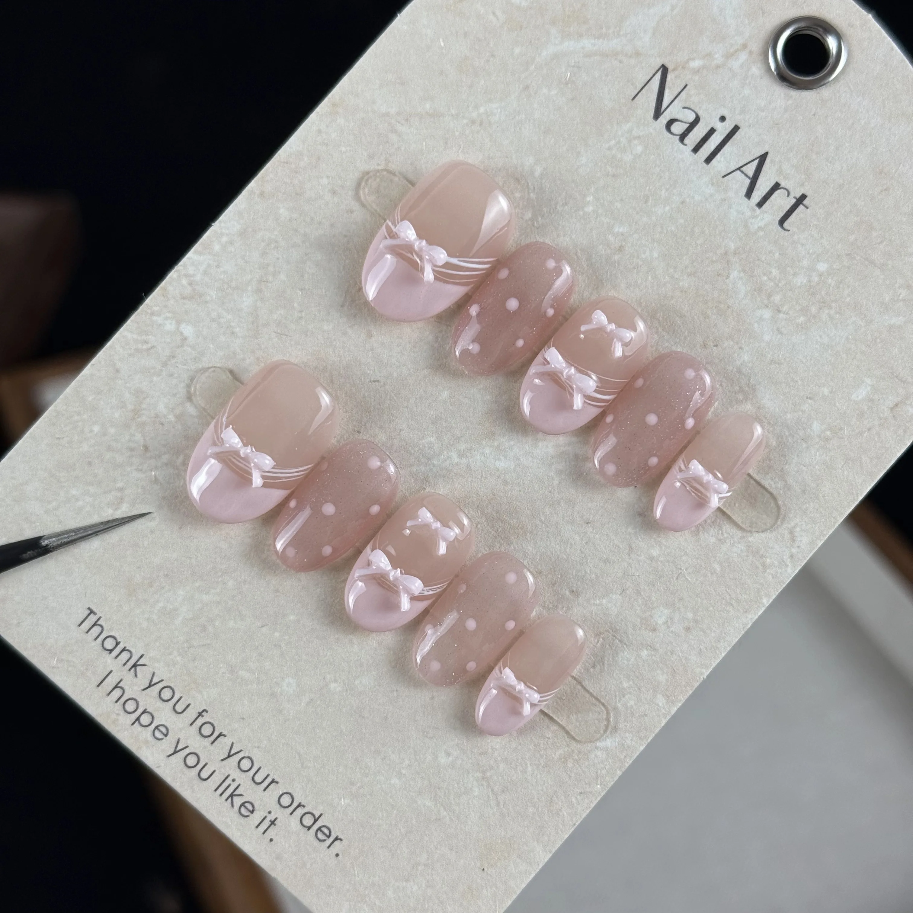 10pcs high-end Cute girl style, hand-painted three-dimensional bow, dazzling pink cat eyes handmade fake nails