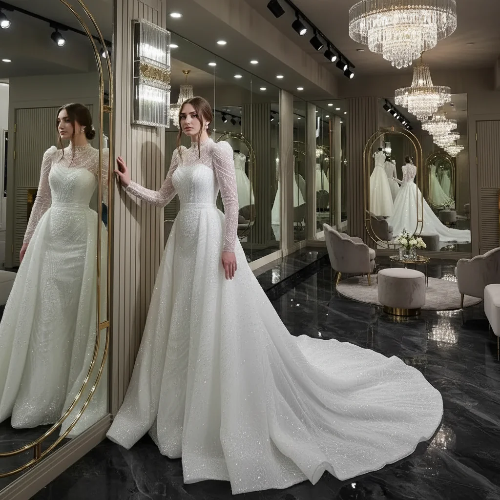 

Elegant Shiny Mermaid Wedding Dress Long Sleeved Two-Piece Bridal Gown with Detachable Tail Customizable Vestidos De Novia