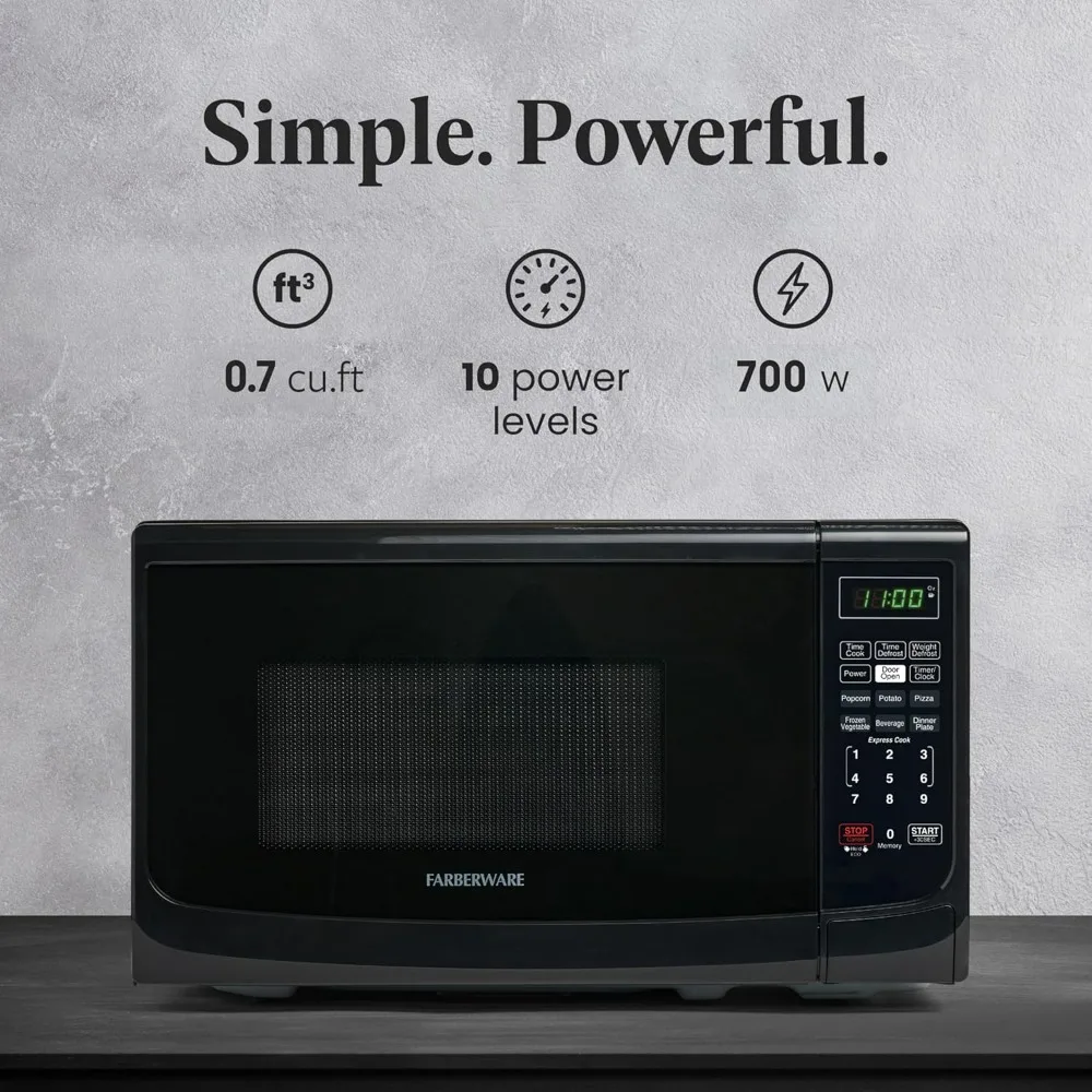 Farberware 0.7 Cu. Ft. Countertop Microwave Oven – 700 Watts Power, Auto Cook Settings Defrost, Easy Clean and Child Safety Lock