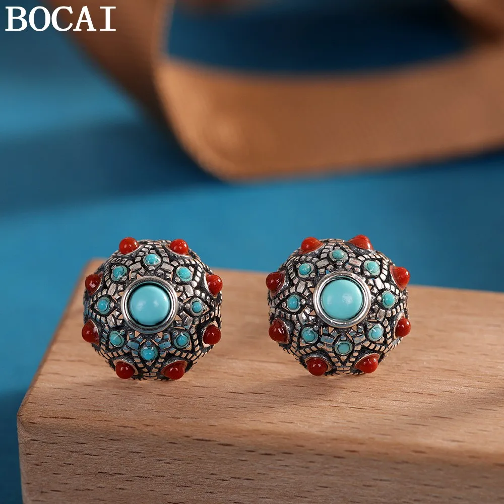 

Серьги BOCAI NEW S925 из чистого серебра в тибетском стиле с бирюзой, подарок для женщин