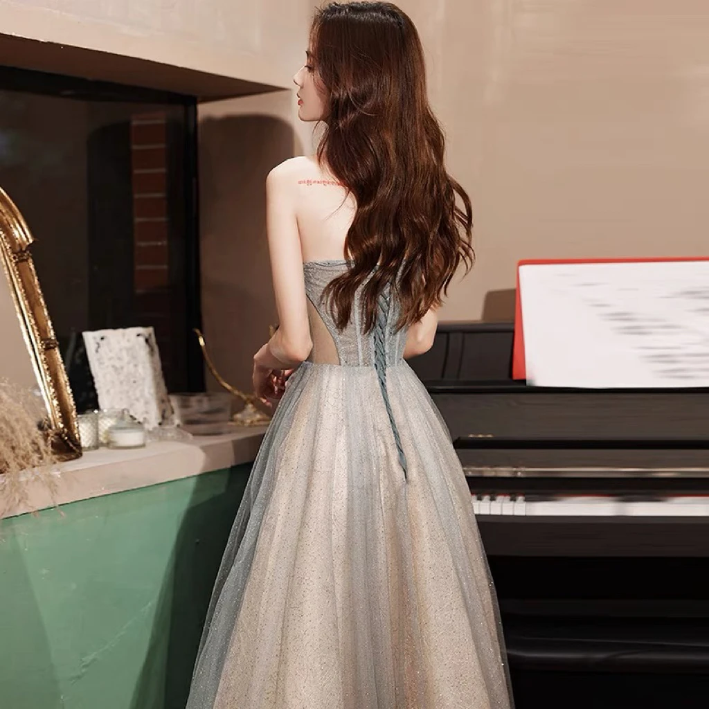 Gray Cocktail Dress Strapless Sequins Beading A-line Tulle Strapless Lace-up Boat Neck Luxury Evening Graduation Celebrity Gowns