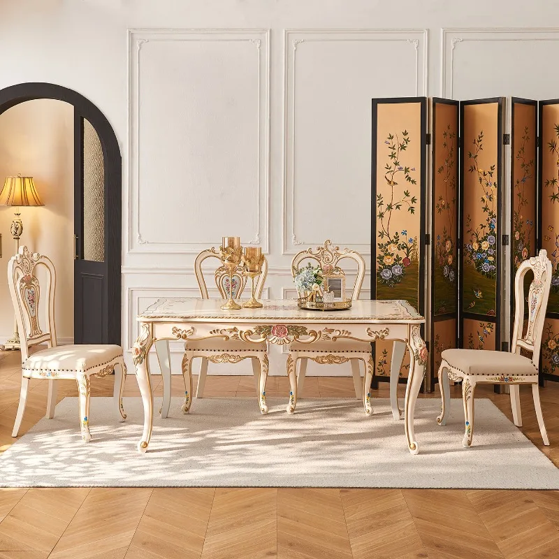 French Court Dining Room 1.6M All Solid Wood Carved Hand-Painted Flowers Off-White European Villa Long Dining Table and Chair Co