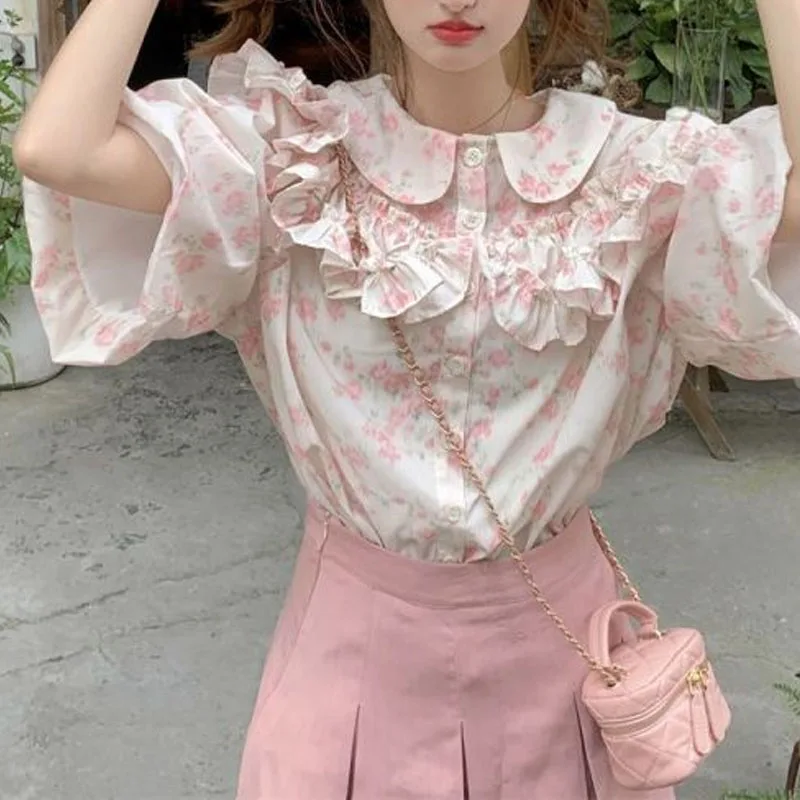 

2024 Summer New Women's Blouse Peter Pan Collar Printed Button Spliced Ruffles Casual Fashion Sweet Loose Puff Sleeve Shirt Top