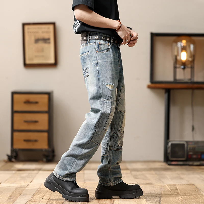 Men's patchwork slim fit small straight leg pants embroidered  personalized long pants men clothing  jeans for men cargo pants