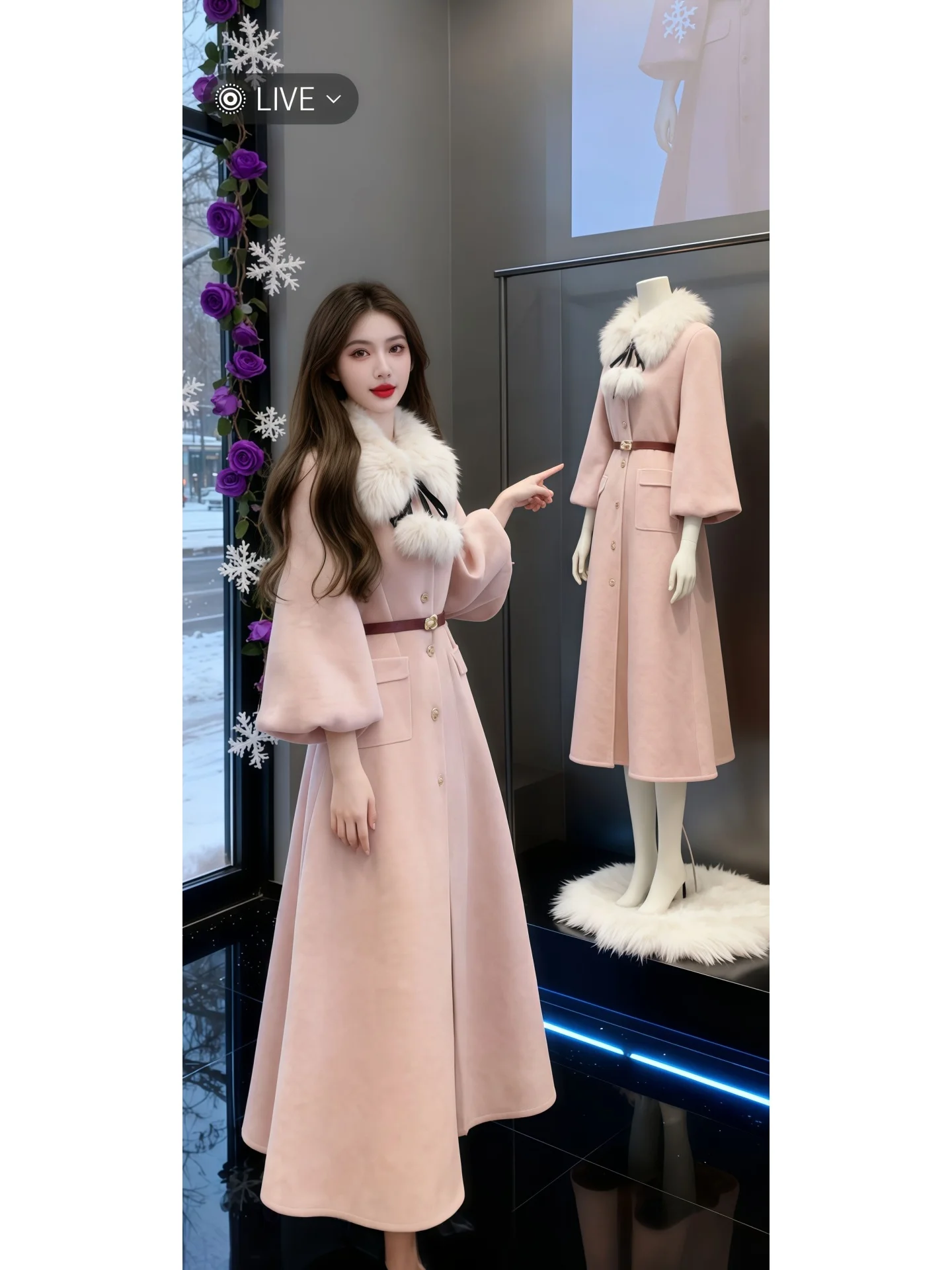 

Ele Lady's Mid-Length Woolen Coat with Fur Collar Waist-Cinching Design Korean Sle Commute Warm Thiened Autumn Winter...